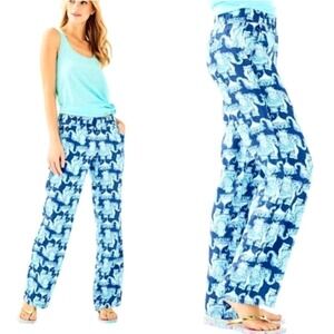 Lilly Pulitzer 100% Linen Florita Linen Pants M Deep Indigo Joy Ride Elephants